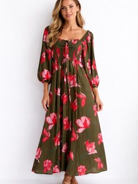 Hutch Floral Smocked Midi Dress Size Small Puff Sleeve Square Neck Romantic Cott